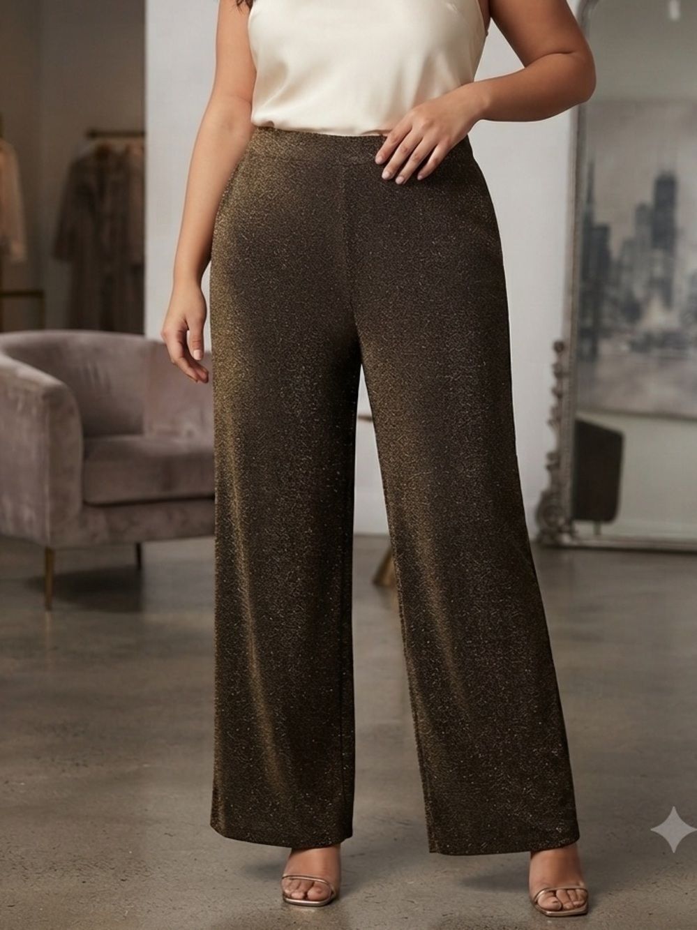 Take 50% OFF-Halston Shimmery Black Wide-Leg Pants, Size-XL